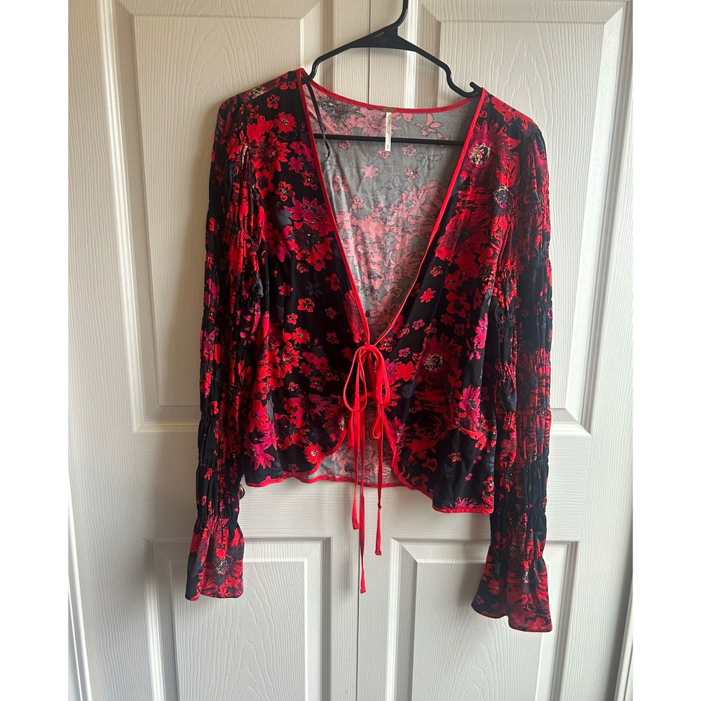 Free People Black Red Pink Floral Tie-Front V-Neck Bell Sleeve Blouse M